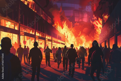 A chaotic crowd fleeing a blazing shopping center. Illustration 