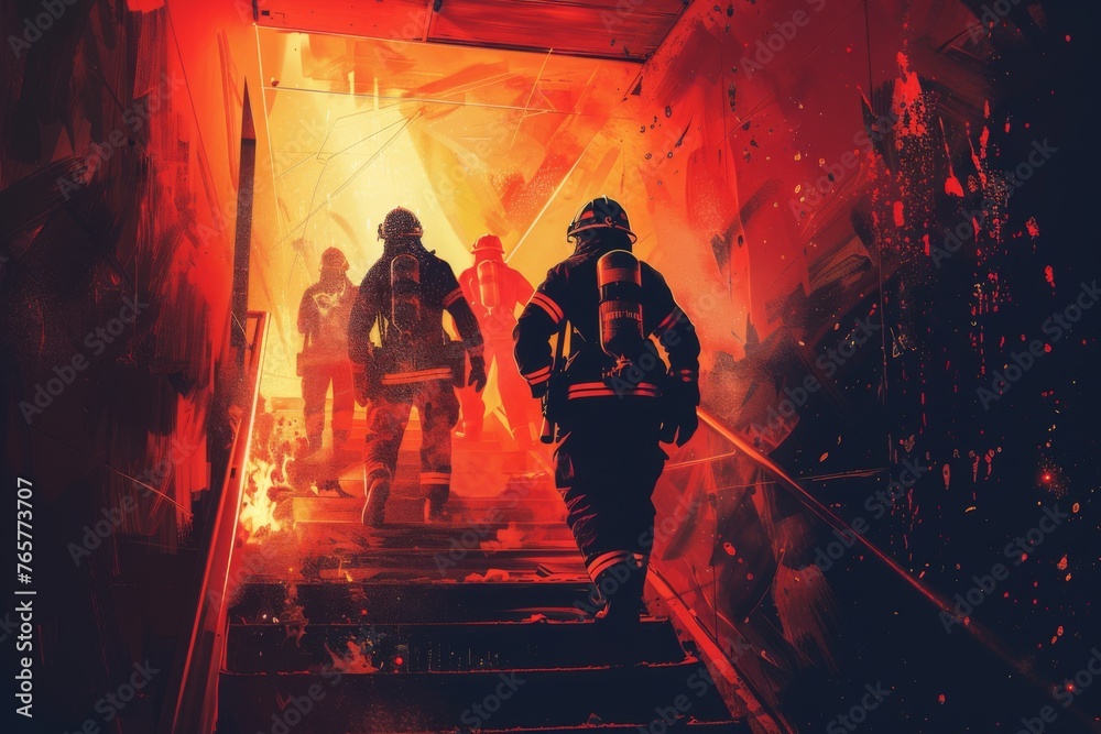 Firefighters rushing into the building, risking their lives to save those trapped inside. Illustration Firefighters rushing into the building, risking their lives to save those trapped inside. Illustration