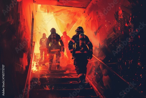 Firefighters rushing into the building, risking their lives to save those trapped inside. Illustration 
