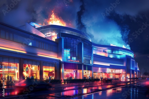 photo of the exterior front view of a large shopping mall with, at night time, with blue light. building is on fire, illustration.  photo