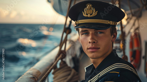 An experienced ship captain on a vessel the photo captures a young male captain in a nautical uniform