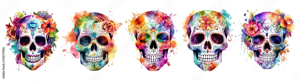 Set of Sugar Skull watercolor illustrations. Vibrant skulls with flowers and watercolor splashes for the Day of the Dead design. 