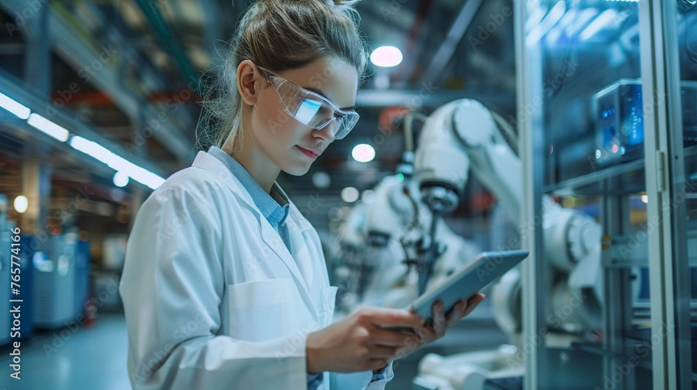 An image of a professional woman industrial engineer analyzing data on a tablet while overseeing the operation of sophisticated robotic arms in a modern An image of a professional woman industrial engineer analyzing data on a tablet while overseeing the operation of sophisticated robotic arms in a modern
