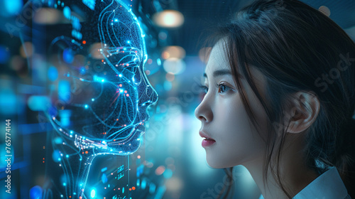 An image juxtaposing a businesswoman with a futuristic artificial intelligence interface