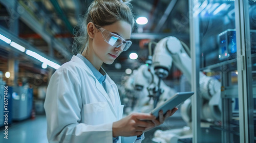 An image of a professional woman industrial engineer analyzing data on a tablet while overseeing the operation of sophisticated robotic arms in a modern