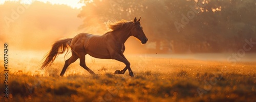 Wild horse galloping across a field at dawn, freedom and wildness personified.