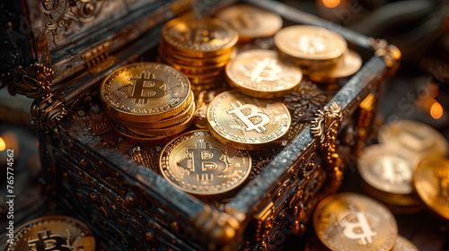 A treasure chest overflows with golden Bitcoin coins, depicting wealth and investment in cryptocurrency. photo