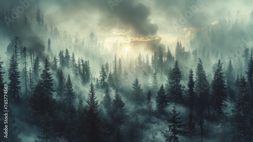 A surreal scene of a forest shrouded in smoke, with ghostly silhouettes of trees and animals 