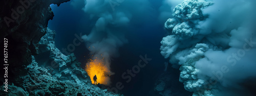 Diver Observing Underwater Volcano Eruption Close-Up