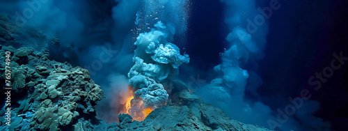 Vivid Underwater Volcanic Eruption with Coral Reefs