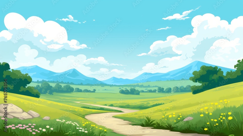 Obraz premium A mountain with road and blue sky. mountain Landscape with Blue Sky. landscape with mountains with blue sky clouds wallpaper. Cartoon illustration of a road in a field with mountain and clouds.