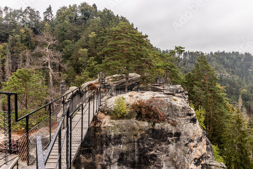 Boardwalks at the ruins of Saunstejn rock castle in the Czech Switzerland National Park, Czech Republic