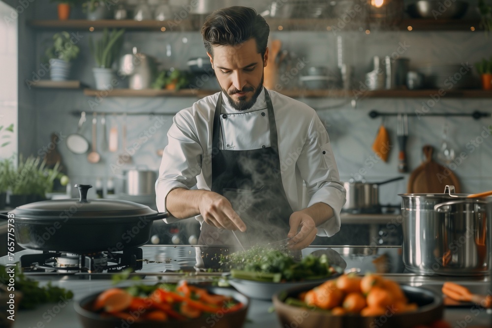Chef Preparing Sustainable Dish with Culinary Upcycling Chef Preparing Sustainable Dish with Culinary Upcycling