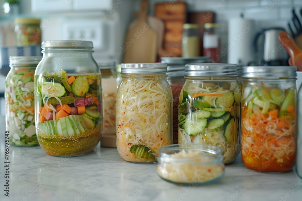 Assorted Fermented Vegetables in Glass Jars on Kitchen Counter Assorted Fermented Vegetables in Glass Jars on Kitchen Counter