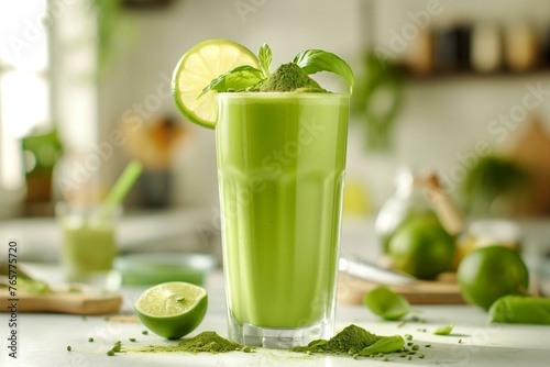 Fresh Moringa Shake with Lime on Modern Kitchen Counter