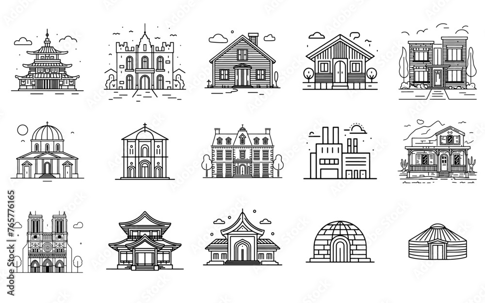Vektorgrafik-Bundle: 15 einzigartige Lineart-Illustrationen von Gebäuden