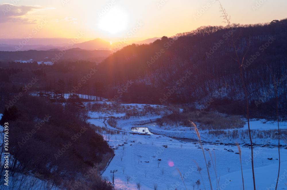 福島県　堀川ダムから撮影した日の出