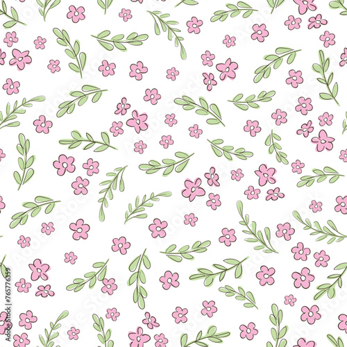 Hand Drawn cute pink Flowers background print for textile. The drawn flowers beautiful illustration for the fabric. Design ornament pattern seamless. Vector © Alsu Art