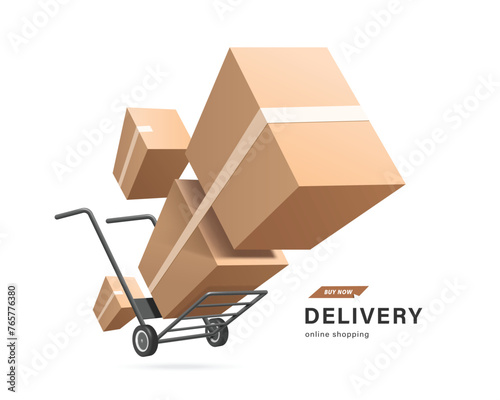 Delivery and online shopping concept ,Several parcel boxes or cardboard boxes float out of two-wheeled cart or hand truck used in a warehouse, vector 3d