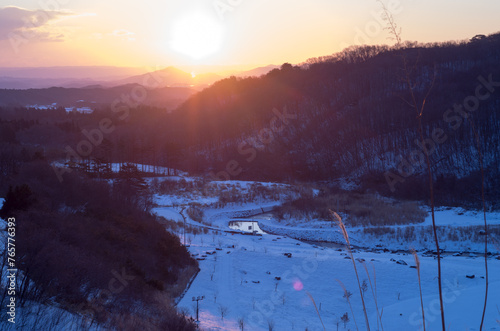 福島県 堀川ダムから撮影した日の出