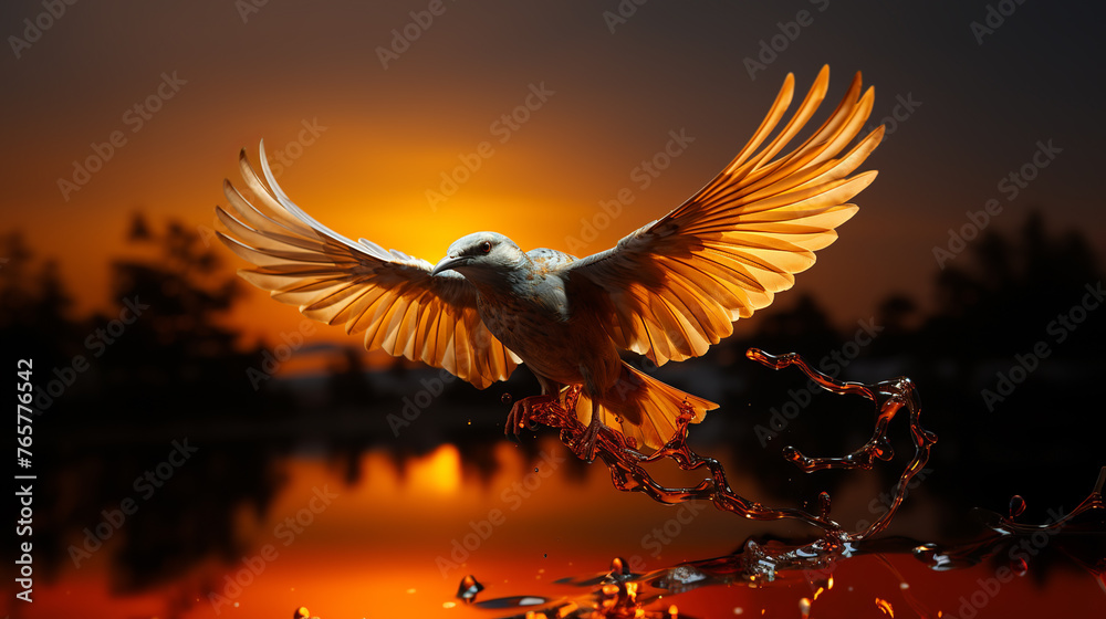Obraz premium A bird with outstretched wings in flight against a vibrant sunset backdrop,with a few water droplets seemingly floating in the air around its feet.Sunlight illuminates the translucent feathers.AI gene