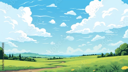 Grass Field landscape with blue sky and white cloud. Blue sky clouds sunny day wallpaper. Cartoon illustration of a Grass Field with blue sky in Summer. green field in a day.