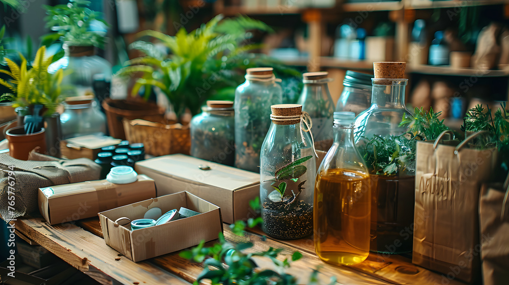 A variety of plants and bottles on a wooden table. recycle and sustainability concept A variety of plants and bottles on a wooden table. recycle and sustainability concept