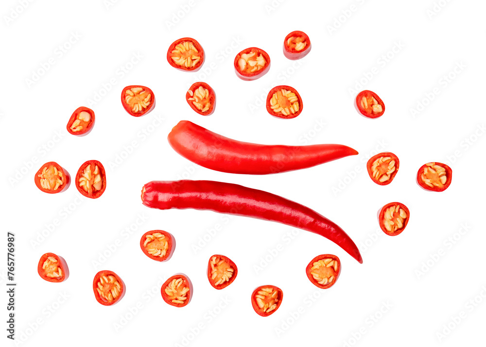 Top view set of red chili pepper with slices isolated with clipping path in png file format Top view set of red chili pepper with slices isolated with clipping path in png file format