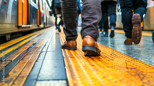 Commuters Stepping by Stationary Train