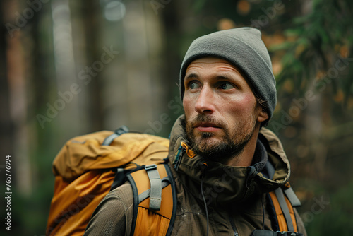 A hiker with a backpack looks onward, deep in thought, amidst the forest.