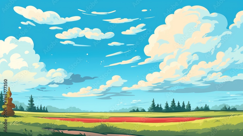 Obraz premium Grass Field landscape with blue sky and white cloud. Blue sky clouds sunny day wallpaper. Cartoon illustration of a Grass Field with blue sky in Summer. green field in a day.