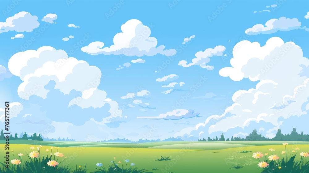 Grass Field landscape with blue sky and white cloud. Blue sky clouds sunny day wallpaper. Cartoon illustration of a Grass Field with blue sky in Summer. green field in a day.