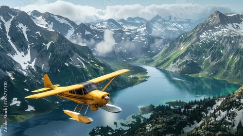 A seaplane or dragonfly plane is flying over the mountains