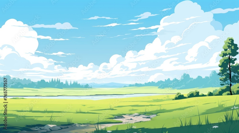 Obraz premium Grass Field landscape with blue sky and white cloud. Blue sky clouds sunny day wallpaper. Cartoon illustration of a Grass Field with blue sky in Summer. green field in a day.