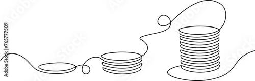 Growing Coins in one continuous line drawing. One line Savings, investments concept. Outline coins. Vector illustration