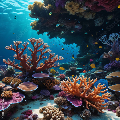 Colorful underwater scene with fish and coral reef in the tropical ocean
