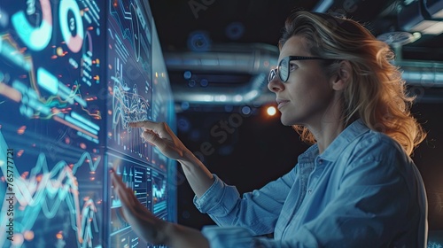 middle-aged woman working on data shown on a large digital screen concept