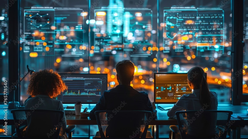 A team of business professionals working together in a high - rise office, with digital screens and technology tools A team of business professionals working together in a high - rise office, with digital screens and technology tools