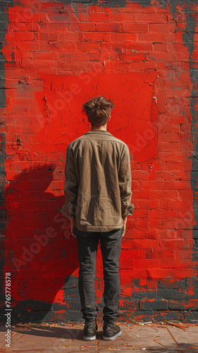 Portrait of Caucasian attractive man against background of red brick wall