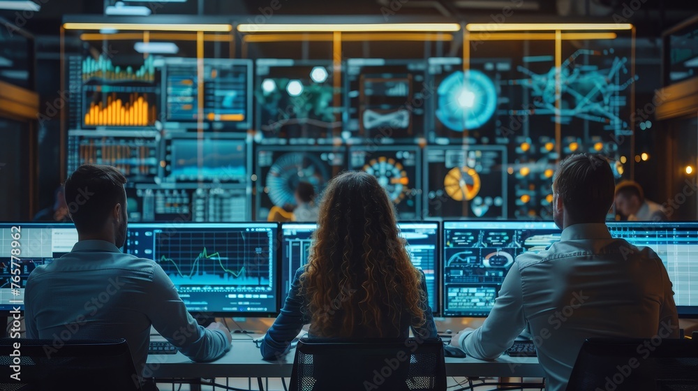 A team of professionals collaborating on a digital project in a modern office setting, with screens displaying innovative technology A team of professionals collaborating on a digital project in a modern office setting, with screens displaying innovative technology