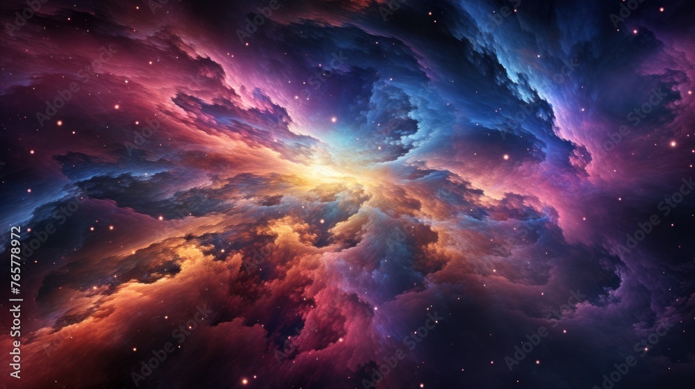 A mesmerizing view of the universe unfolds in this abstract wallpaper, showcasing a cloudy nebula surrounded by celestial wonders.