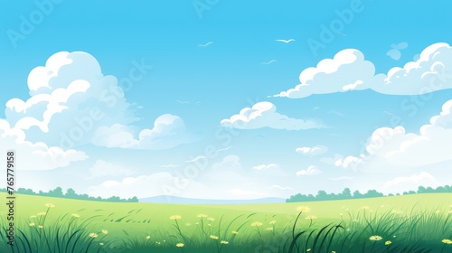Blue sky clouds sunny day wallpaper. Grass Field landscape with blue sky and white cloud. Cartoon illustration of a Grass Field with blue sky in Summer. green field in a day