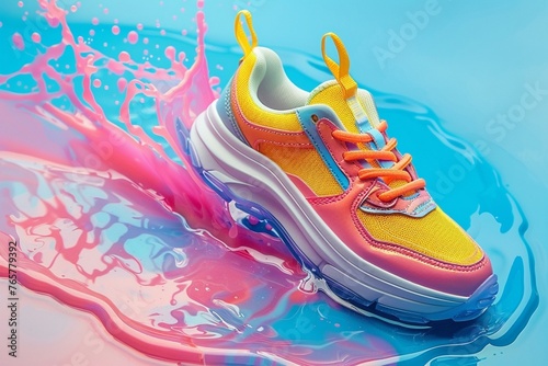 Creative bright colorful sneakers on abstract background Sport footwear and fashion concept Banner for design