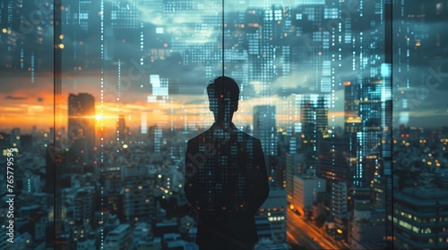 A UHD photo of a CEO or executive looking out of a window at a city skyline, with a double exposure effect