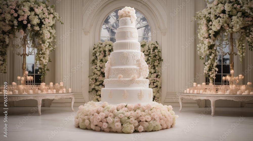 Fototapeta premium A breathtaking white wedding cake steals the spotlight in an opulent reception venue.