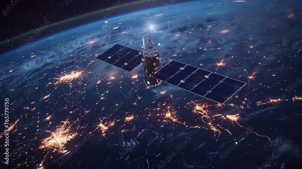 A satellite hovers in orbit above Earth's night-time landscape, with sprawling city lights visible across the continents. A satellite hovers in orbit above Earth's night-time landscape, with sprawling city lights visible across the continents.