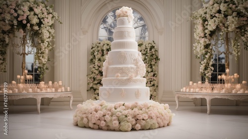A breathtaking white wedding cake steals the spotlight in an opulent reception venue. 