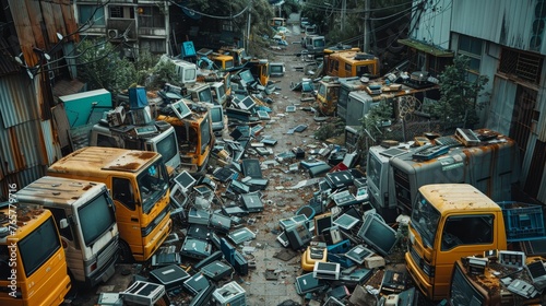 A street cluttered with discarded electronics paints a grim picture of e-waste pollution in an urban environment, highlighting the need for responsible recycling.