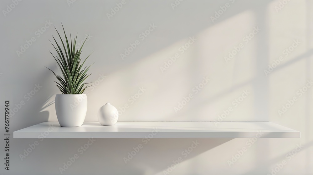 A minimalist empty shelf backdrop with white walls and natural light shadow background