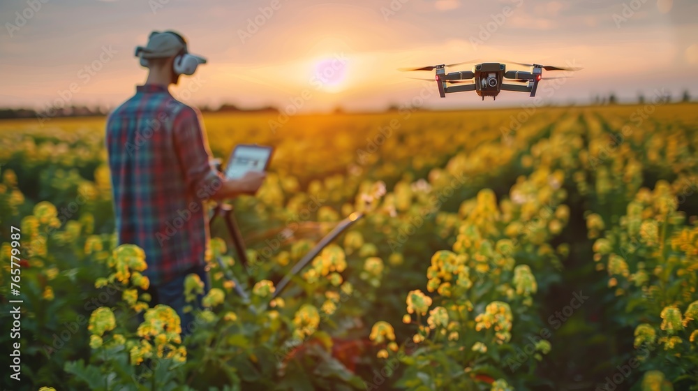 A farmer operates a drone with a remote control over a flowering crop field, utilizing modern technology for an agricultural survey at sunset.